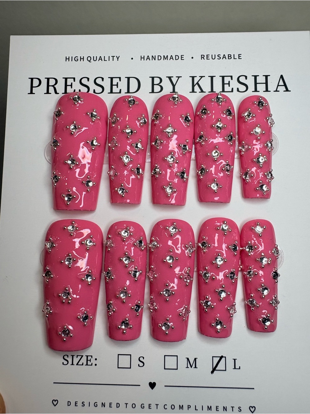 Handmade Pink Rhinestone Press-On Nails - Picture 2 of 3